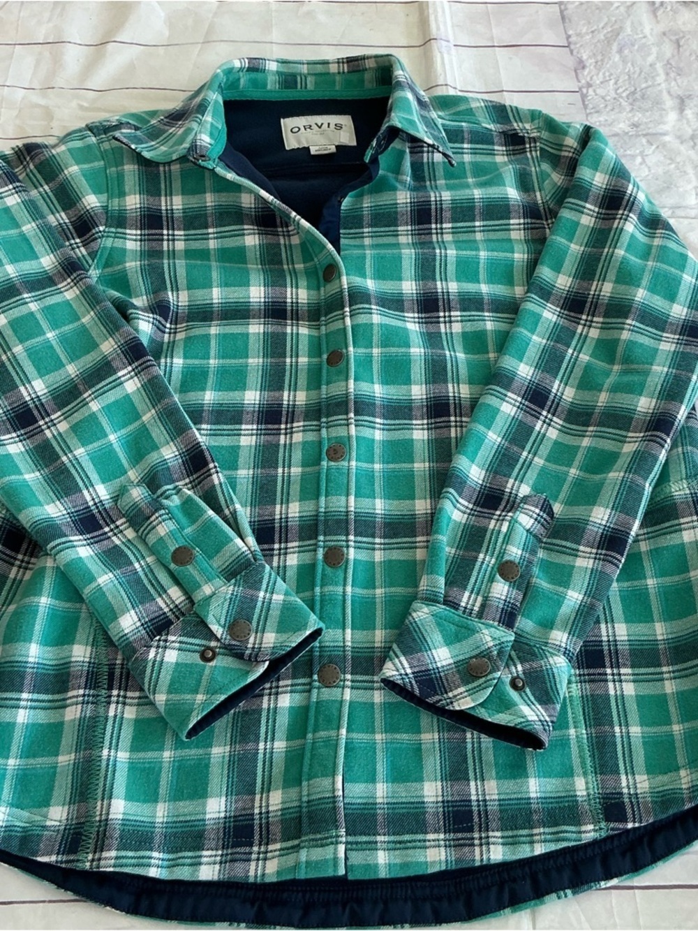 Orvis Women’s Fleece Lined Flannel Shirt lGreen Plaid Snap Button Pockets Size L - Picture 9 of 11